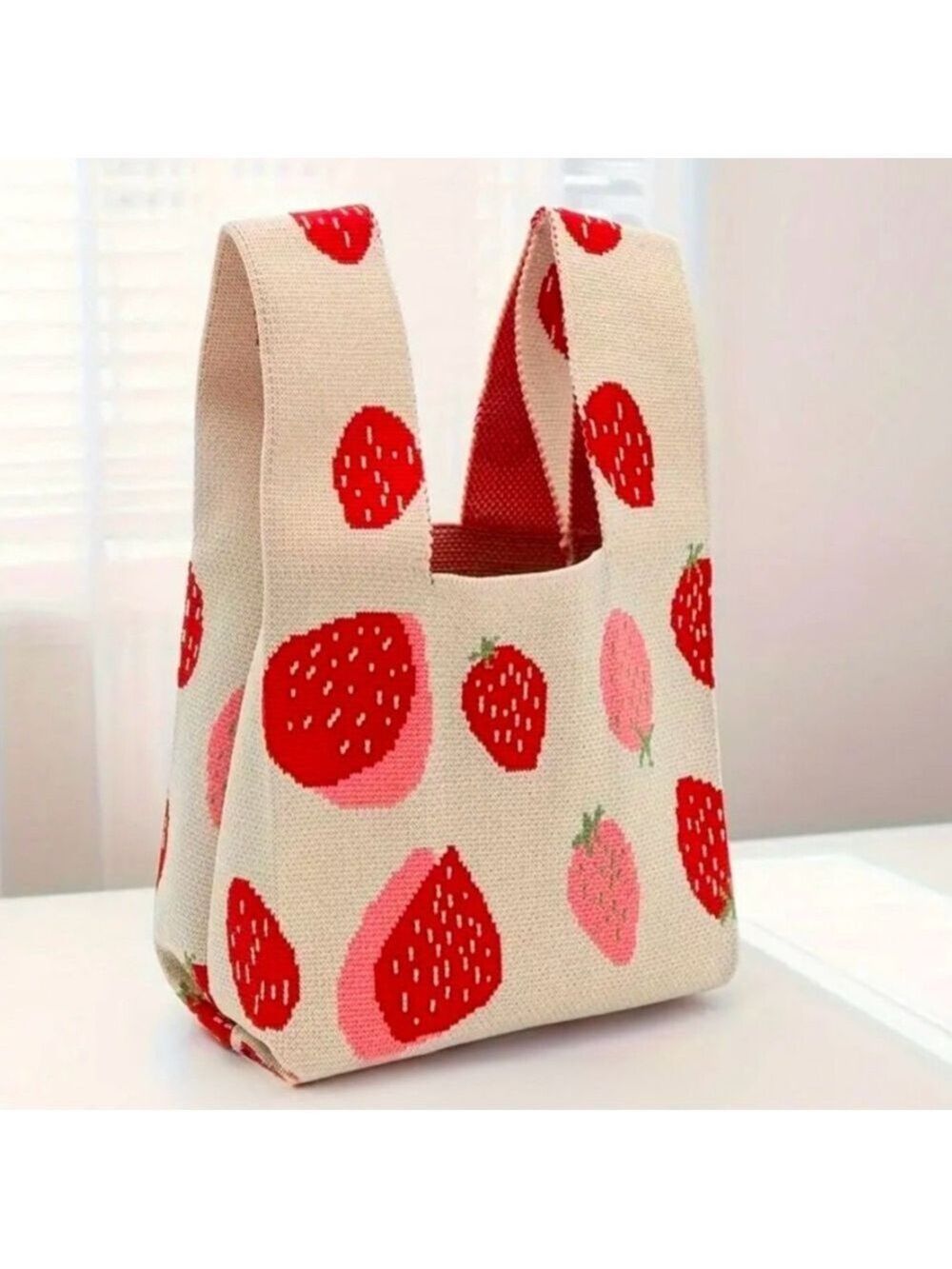 Heavy Woven Knit Strawberry Pattern Tote Purse Bag Japanese Knot Closure Style - Picture 5 of 5